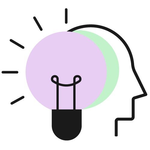 Icon of a human head with a lightbulb, representing learning and rethinking how message, story, and visuals work together.
