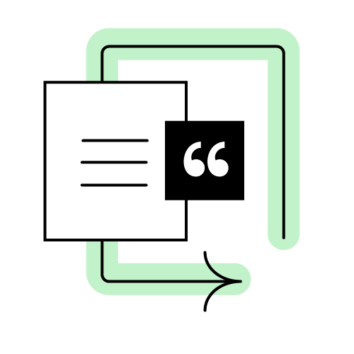 A document with a quote symbol and a guiding arrow, representing story shaping and message flow.