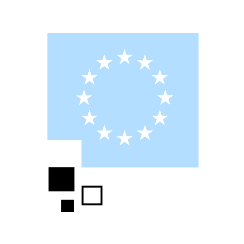 Icon showing a blue EU flag with star circle and content blocks symbolising EU communication expertise.