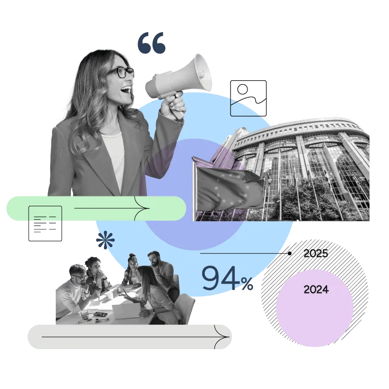 Illustration showing EU policy communication with a woman speaking through a megaphone, EU flag, European Parliament building, and a team meeting.
