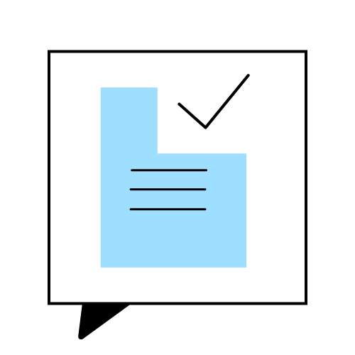 Icon of a speech bubble with a document and check mark, representing message clarity in context.