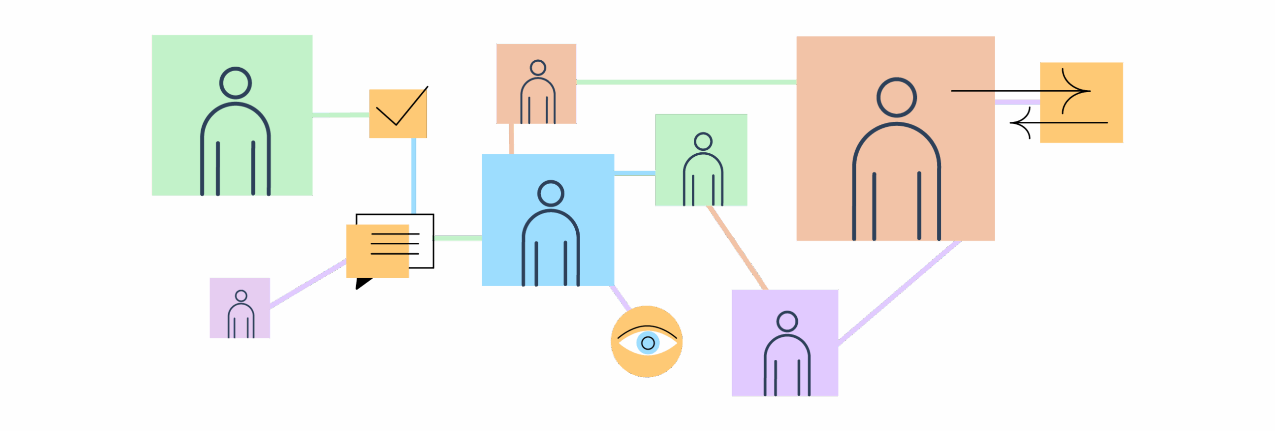 Stylised network of connected audience icons and message elements representing stakeholder communication and alignment.