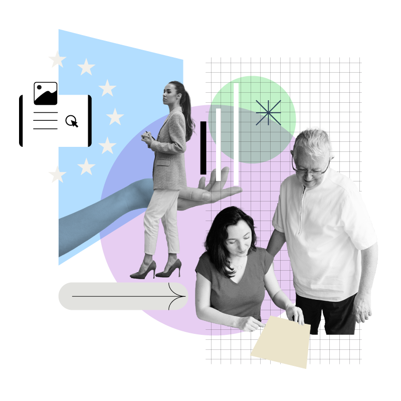 Collage illustration showing people working together with EU symbols, charts, and communication elements.
