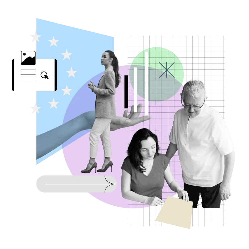 Collage illustration showing people working together with EU symbols, charts, and communication elements.