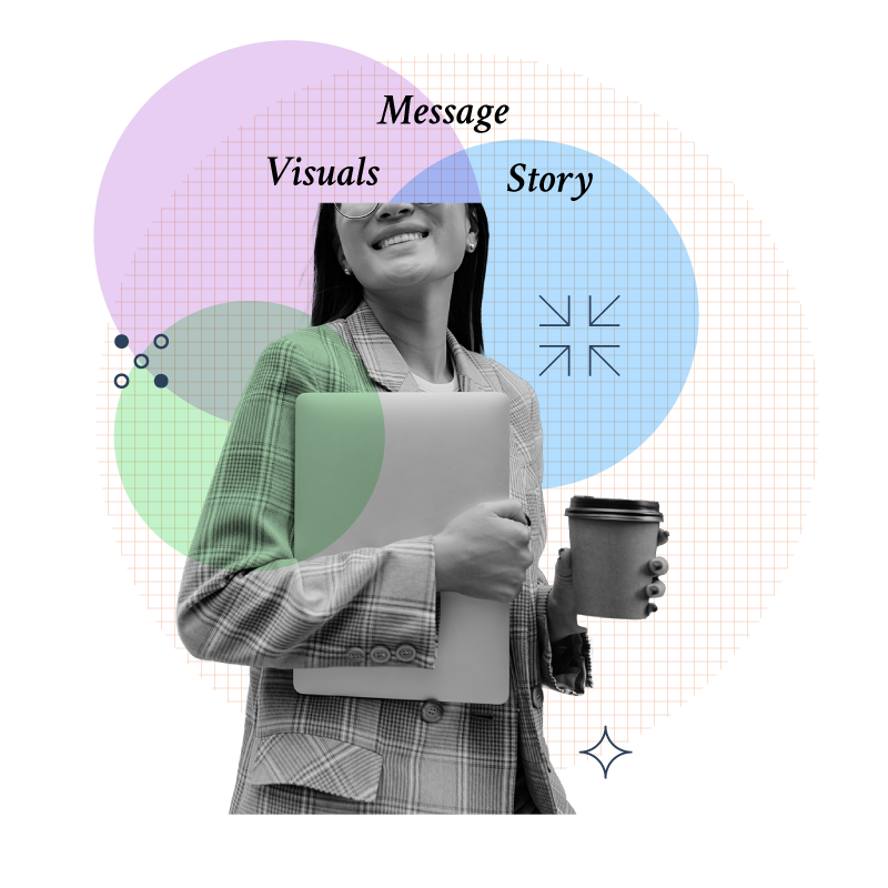 Person holding a laptop and coffee cup surrounded by overlapping shapes representing message, story, and visuals in EU policy communications.