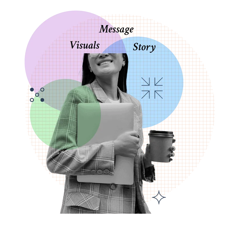 Person holding a laptop and coffee cup surrounded by overlapping shapes representing message, story, and visuals in EU policy communications.