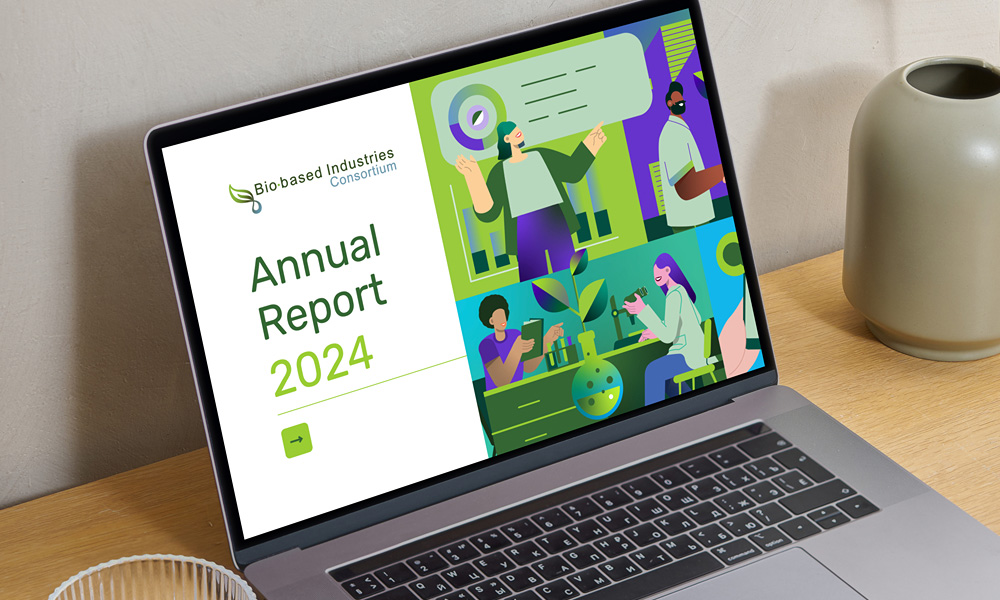 Digital Annual Report 2024 for the Bio-based Industries Consortium, shown on a laptop mockup.