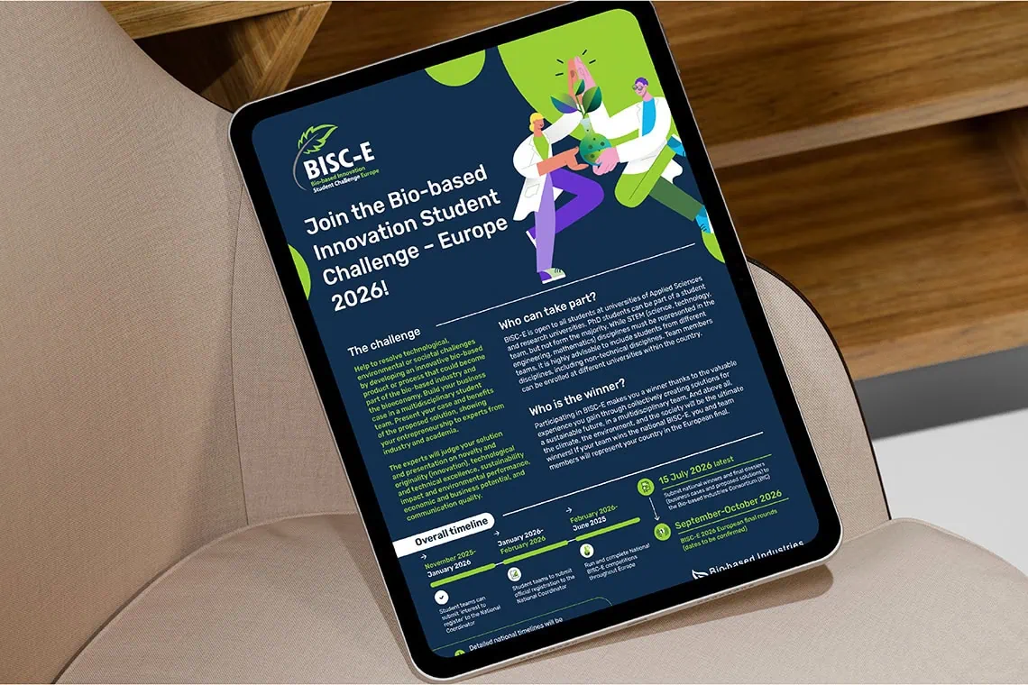 Bio-based Innovation Student Challenge Europe 2026 leaflet designed for BIC, showing the competition overview and timeline on a tablet screen.