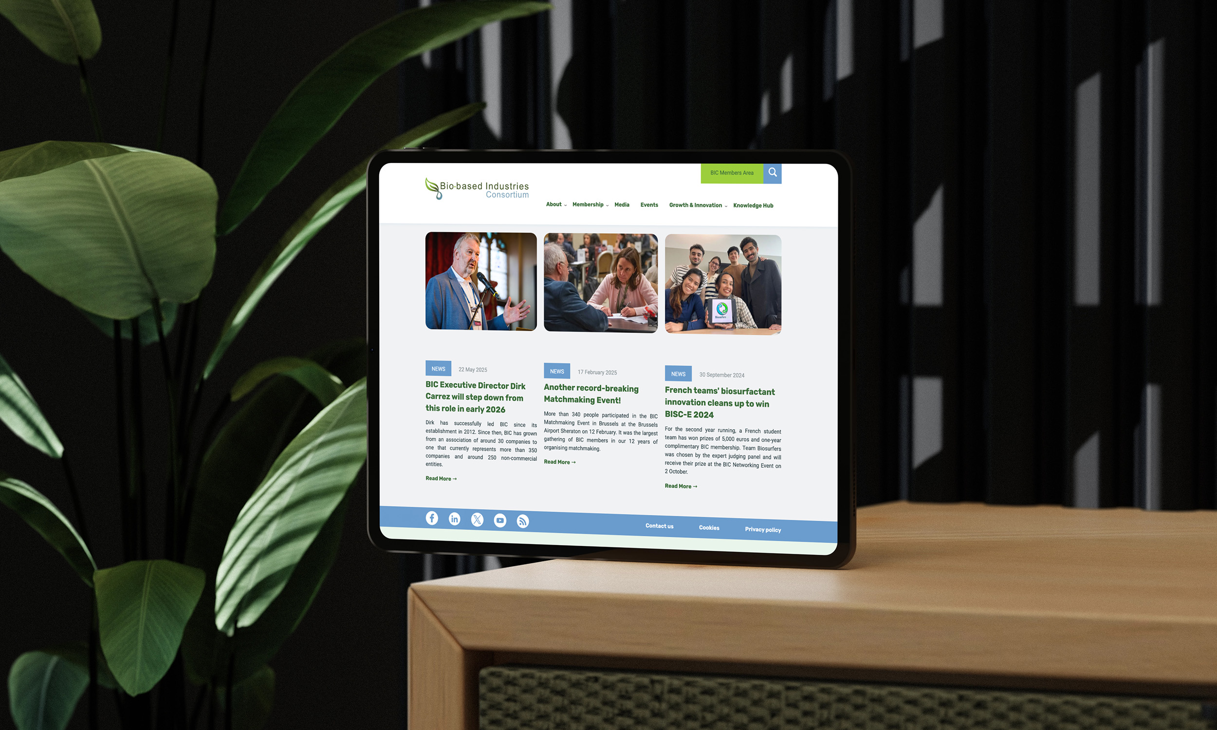 Homepage design for the Bio-based Industries Consortium website, shown on a tablet mockup.