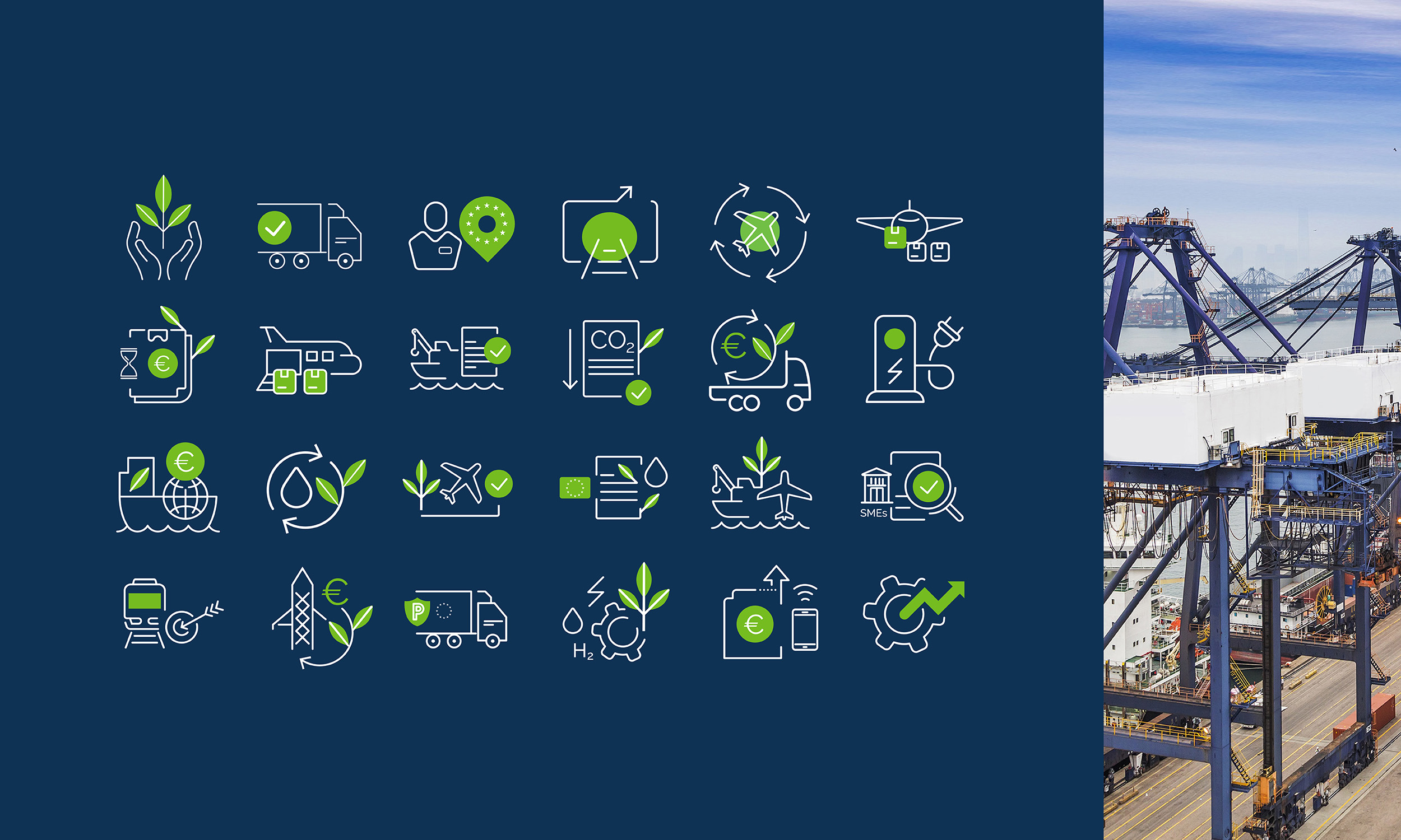 Custom icon set illustrating transport modes and materials for CLECAT.