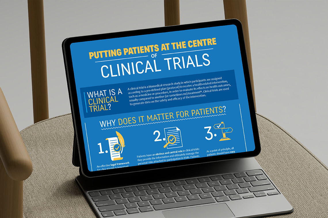 Visual explaining how patients are placed at the centre of clinical trials, created for the European Patients’ Forum.