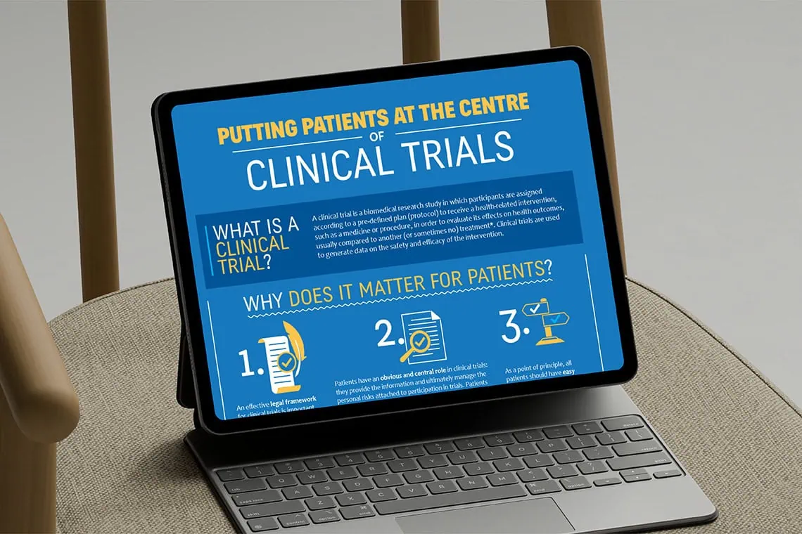 Visual explaining how patients are placed at the centre of clinical trials, created for the European Patients’ Forum.