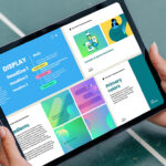 Tablet showing FEA’s social media brand guidelines with typography, colours, illustration styles, and layout examples.