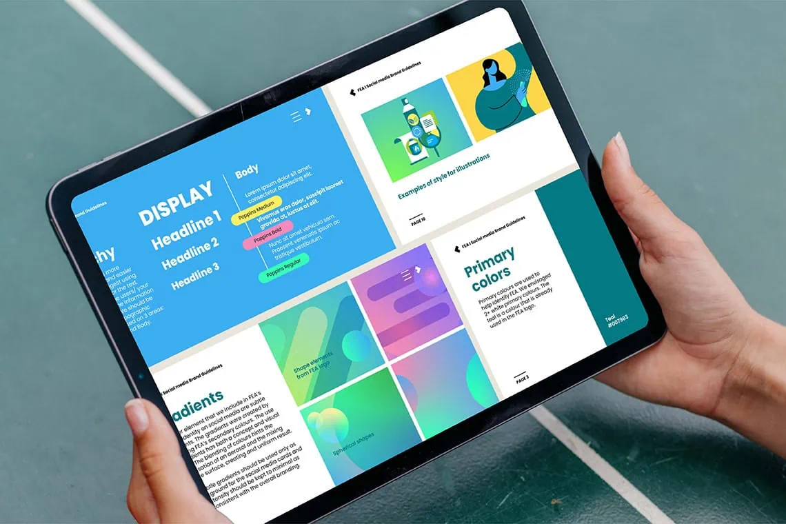 Tablet showing FEA’s social media brand guidelines with typography, colours, illustration styles, and layout examples.
