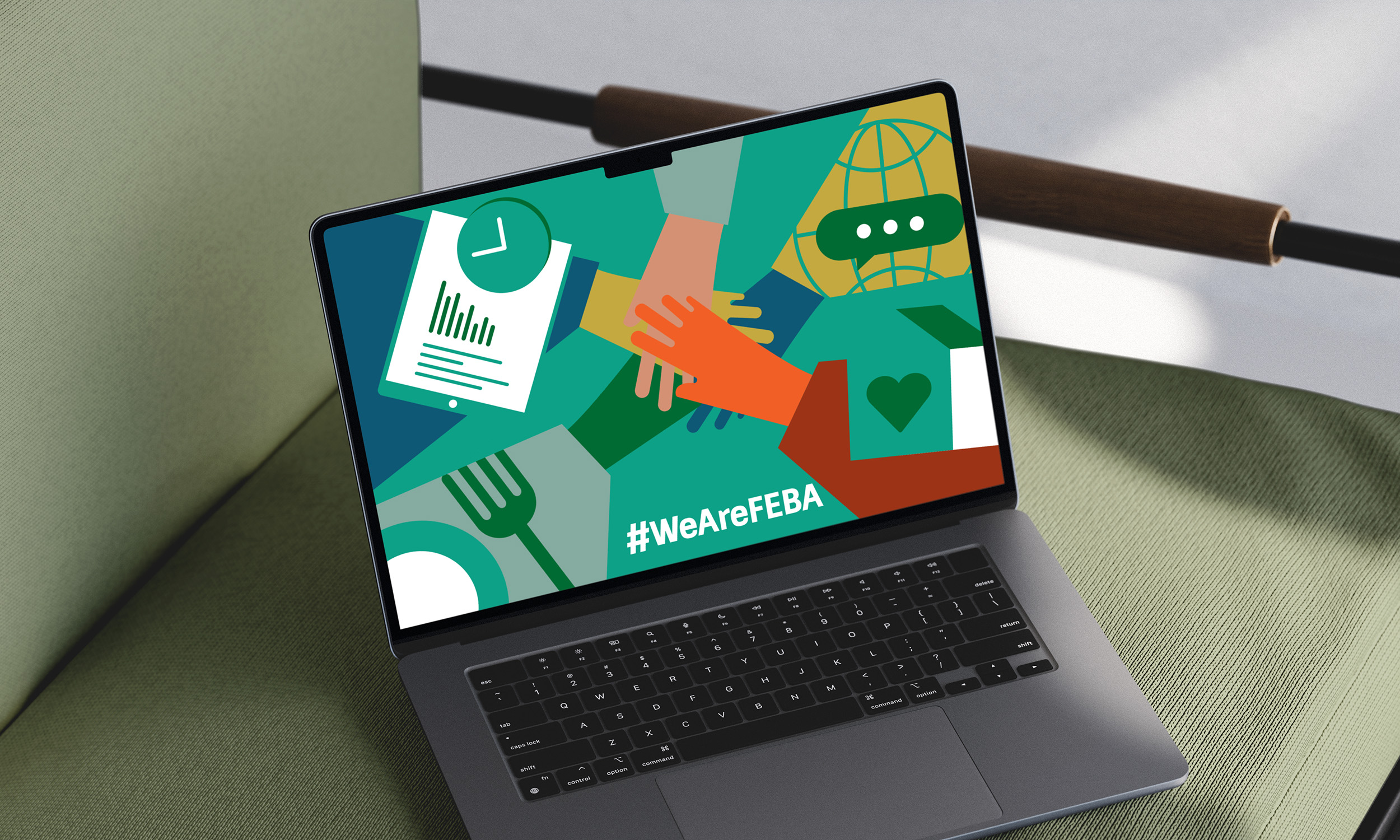 Social media visual promoting a sustainable food systems event by FEBA, shown on a tablet mockup.